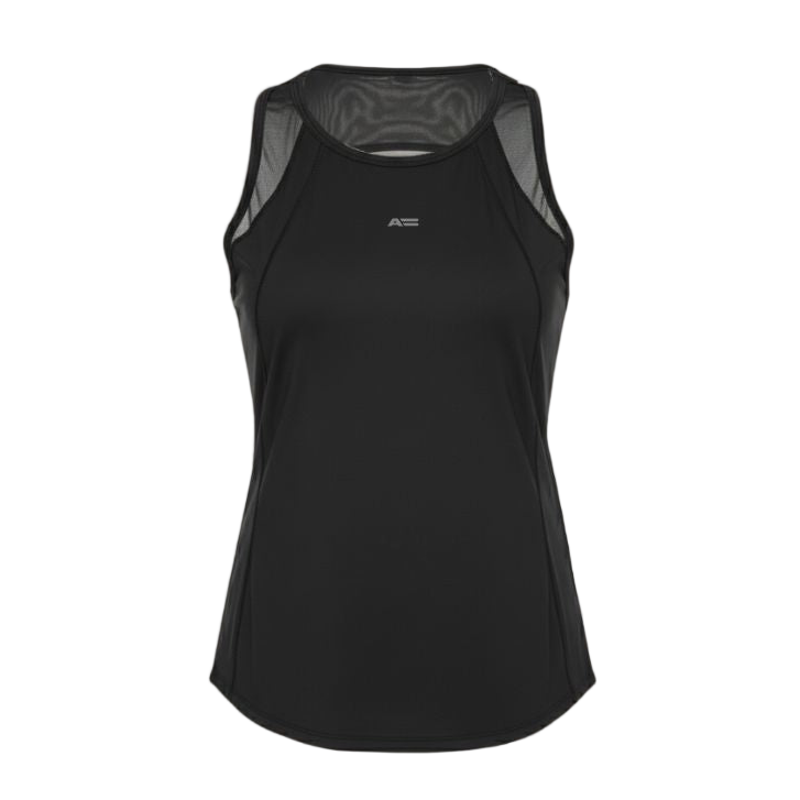 Black sleeveless athletic top on a white background
